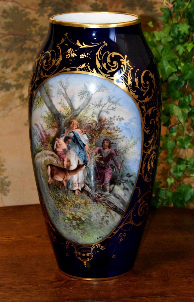 Very Important Limoges Porcelain Vase In Oven Blue And Nordic Mythological Scene,-photo-3