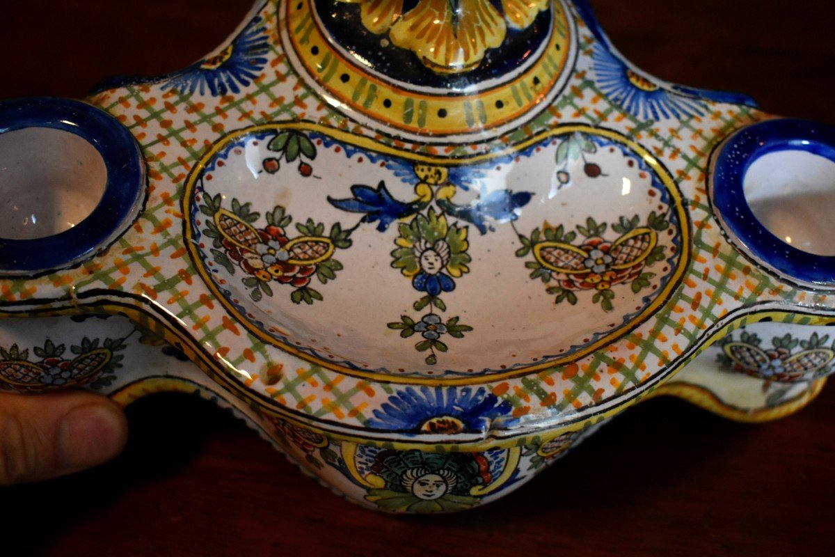 Antoine Montagnon, Nevers Earthenware Inkwell, Writing Case With Two Buckets And Quill Holder.-photo-2