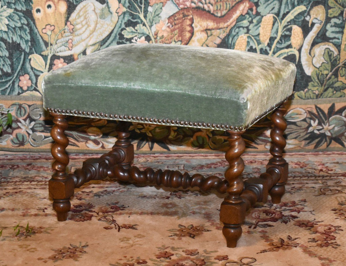 Louis XIII Style Stool, Solid Oak End, 19th Century Twisted Seat,-photo-2