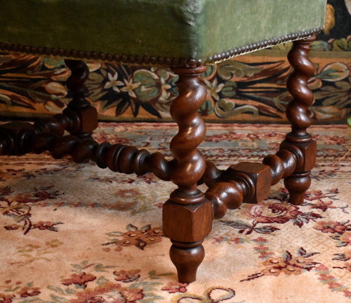 Louis XIII Style Stool, Solid Oak End, 19th Century Twisted Seat,-photo-3