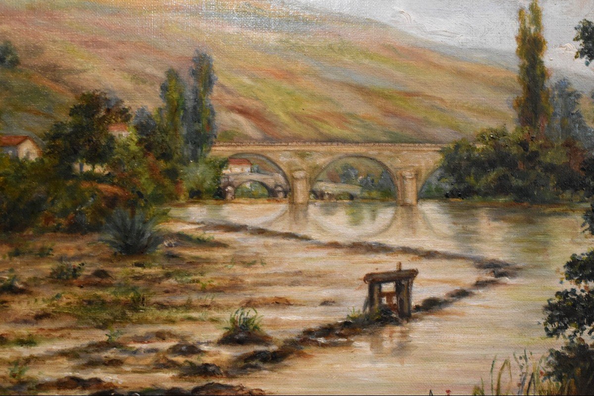 L.F Lamy, Fin XIXème , Paysage De Montagne,  Rivière , Ponts Et écluse Dans Une Vallée. Tableau daté 1899.-photo-1