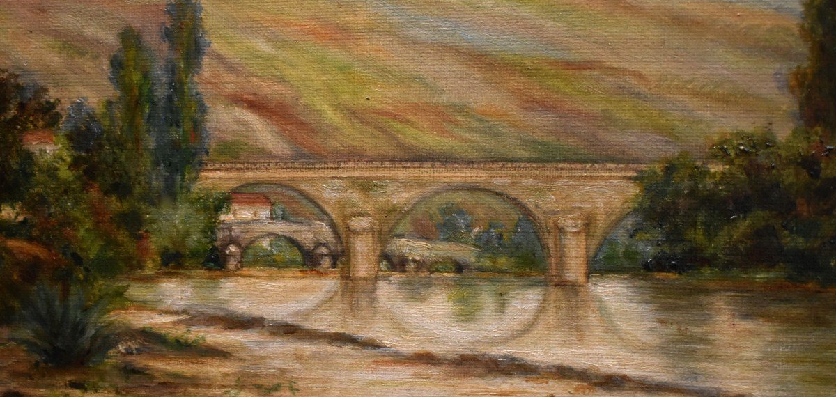 L.F Lamy, Fin XIXème , Paysage De Montagne,  Rivière , Ponts Et écluse Dans Une Vallée. Tableau daté 1899.-photo-4