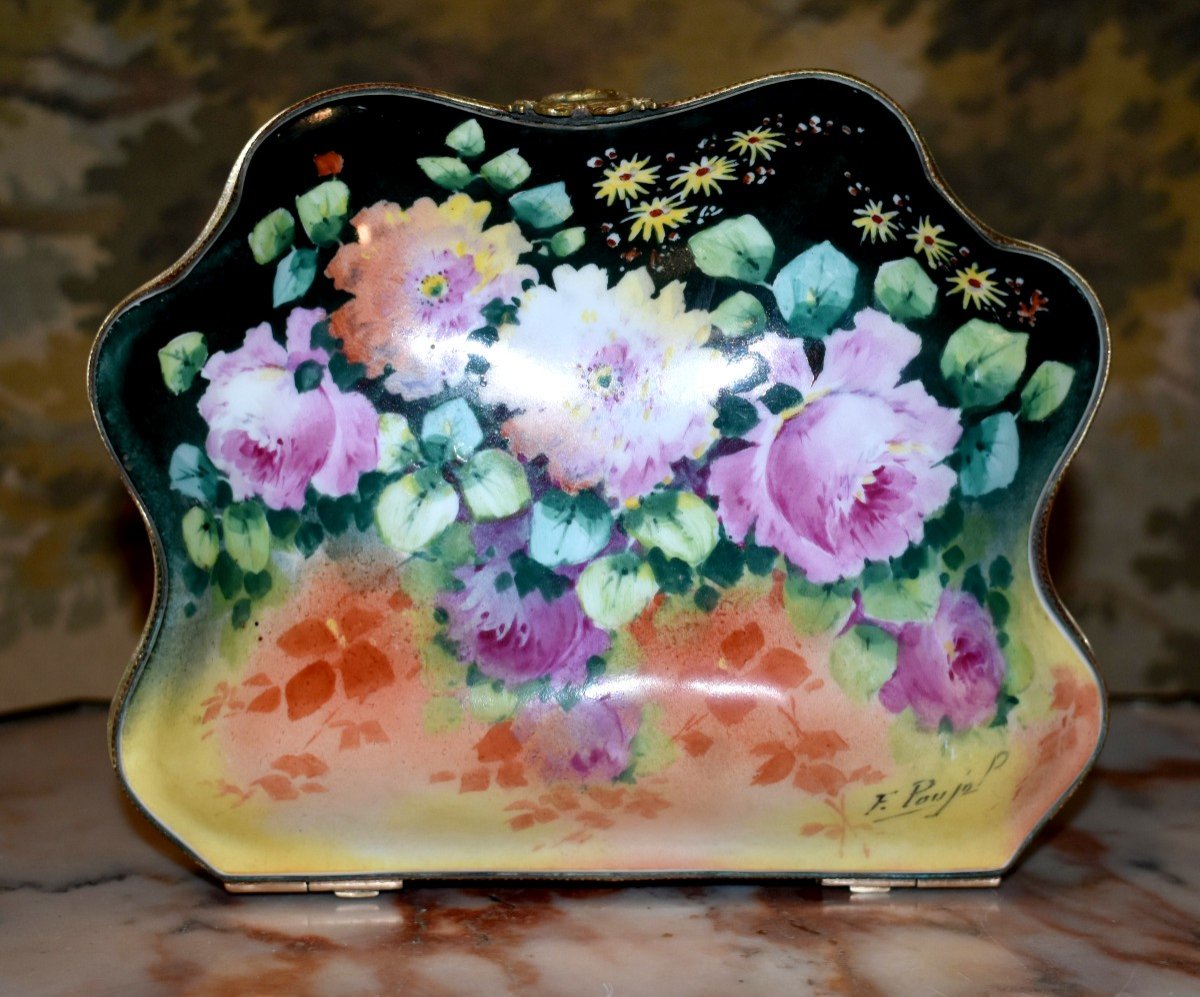 F. Poujol, Large Limoges Porcelain Box, Hand Painted Candy Box Floral Decor-photo-1