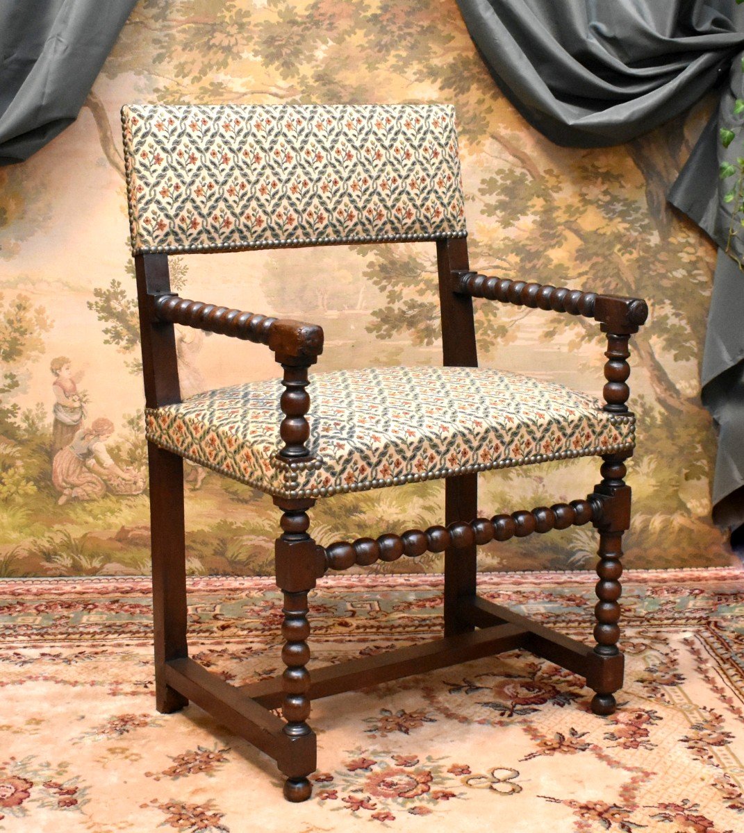 Louis XIII Arm Chair, 17th Century Walnut Armchair, Rosary Bead Work, 