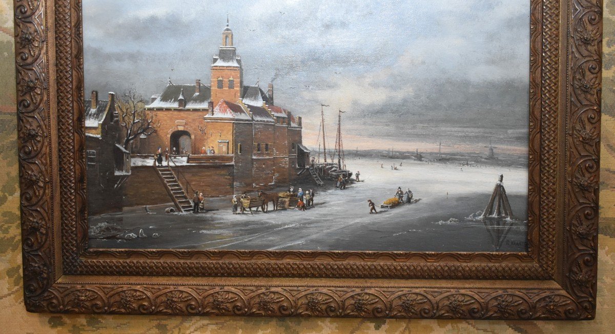 R Kraats, Winter Landscape Painting, Animated Scene On Frozen Lake, Northern School, -photo-5