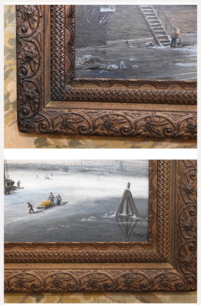 R Kraats, Winter Landscape Painting, Animated Scene On Frozen Lake, Northern School, -photo-7