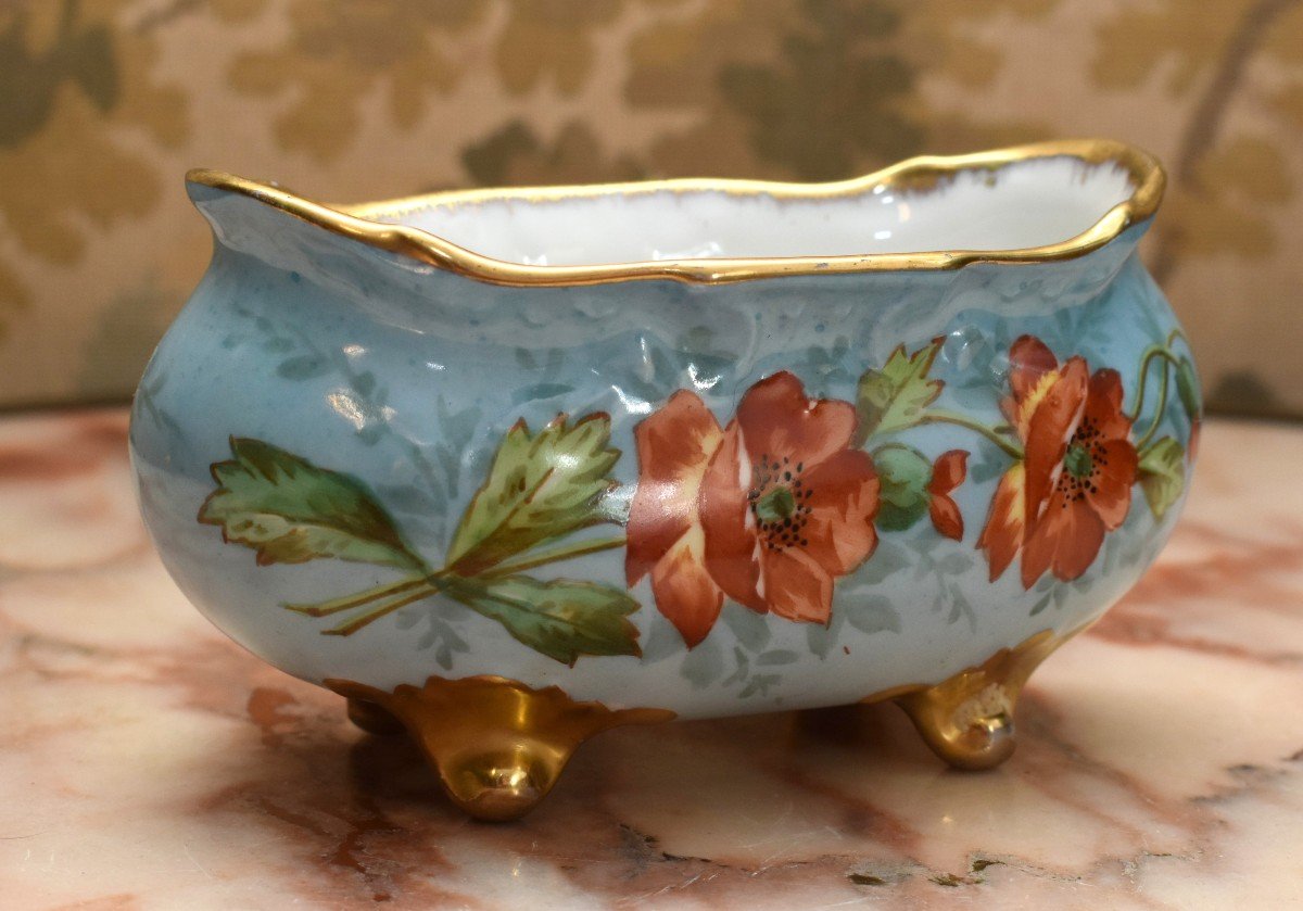 3 Piece Porcelain Trim, A Bowl - Planter And Two Vases Decorated With Poppies-photo-5