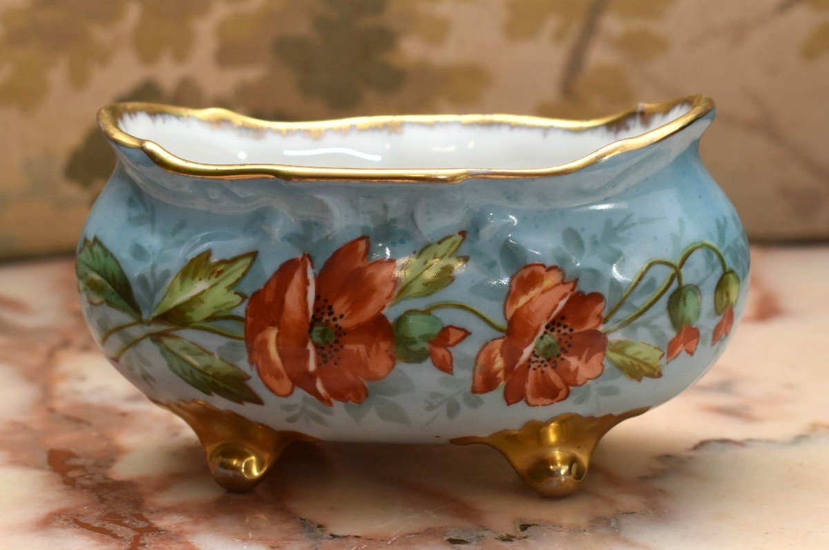 3 Piece Porcelain Trim, A Bowl - Planter And Two Vases Decorated With Poppies-photo-6