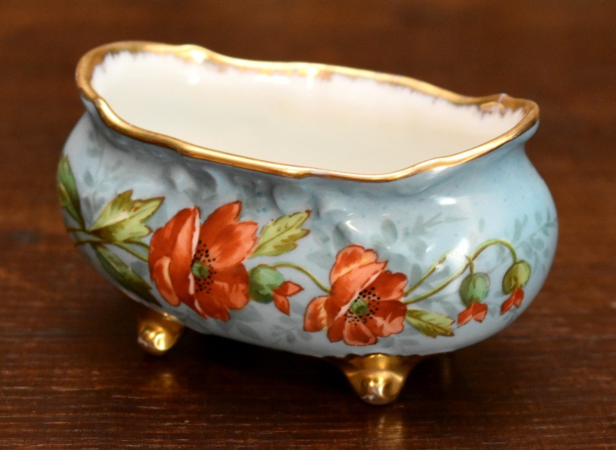 3 Piece Porcelain Trim, A Bowl - Planter And Two Vases Decorated With Poppies-photo-7