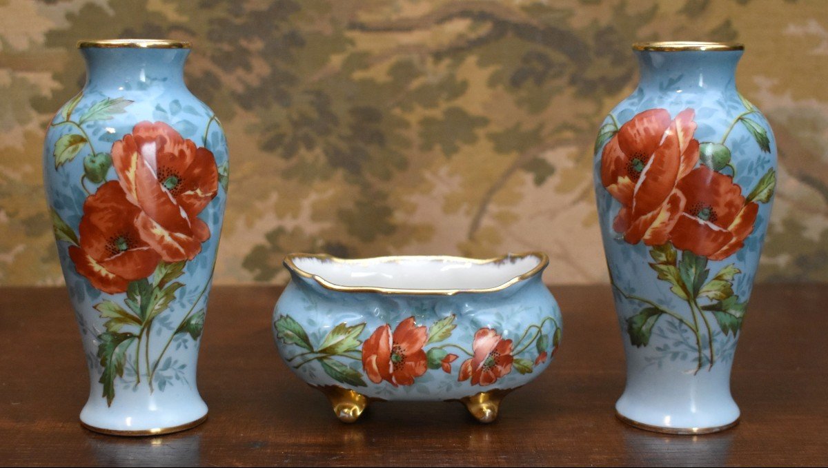 3 Piece Porcelain Trim, A Bowl - Planter And Two Vases Decorated With Poppies