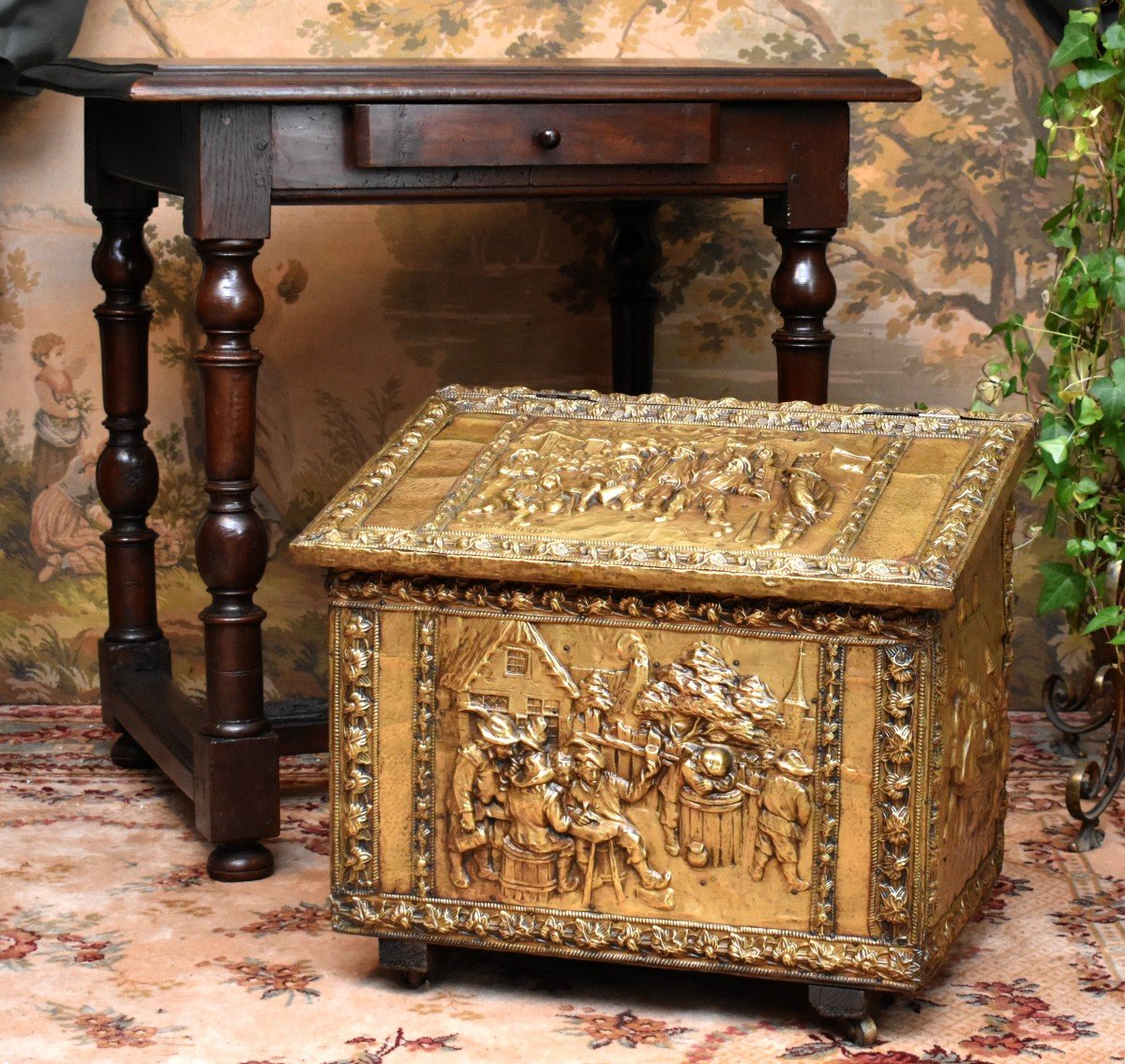 Cast Brass Chest, Humorous Village Scenes Decor, Tavern And Bowling Game