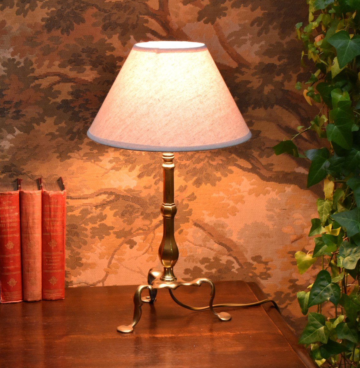 Bronze Lamp Base, Baluster Shaft, Tripod Base, Lampshade.