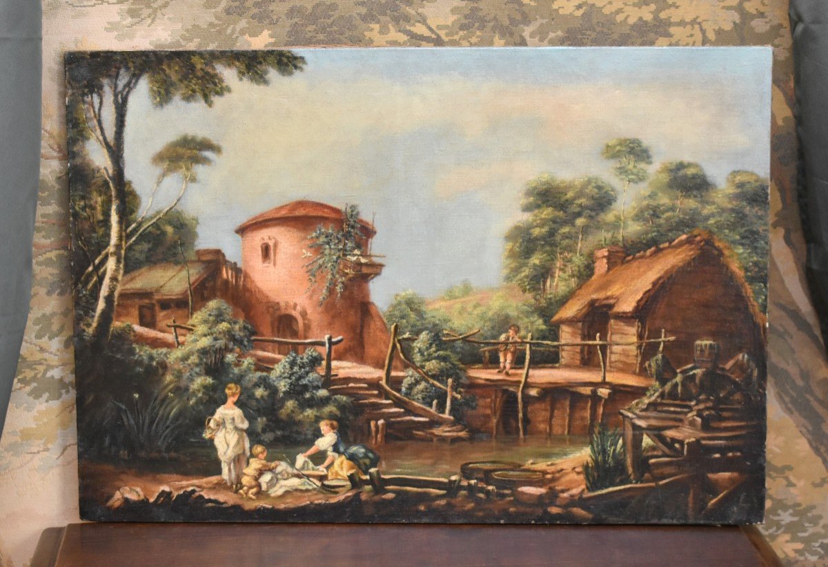 Paysage Campagne Animé, Ecole Française Du XIXe Dans Le Goût Du XVIII Siècle, Tableau Champêtre-photo-2