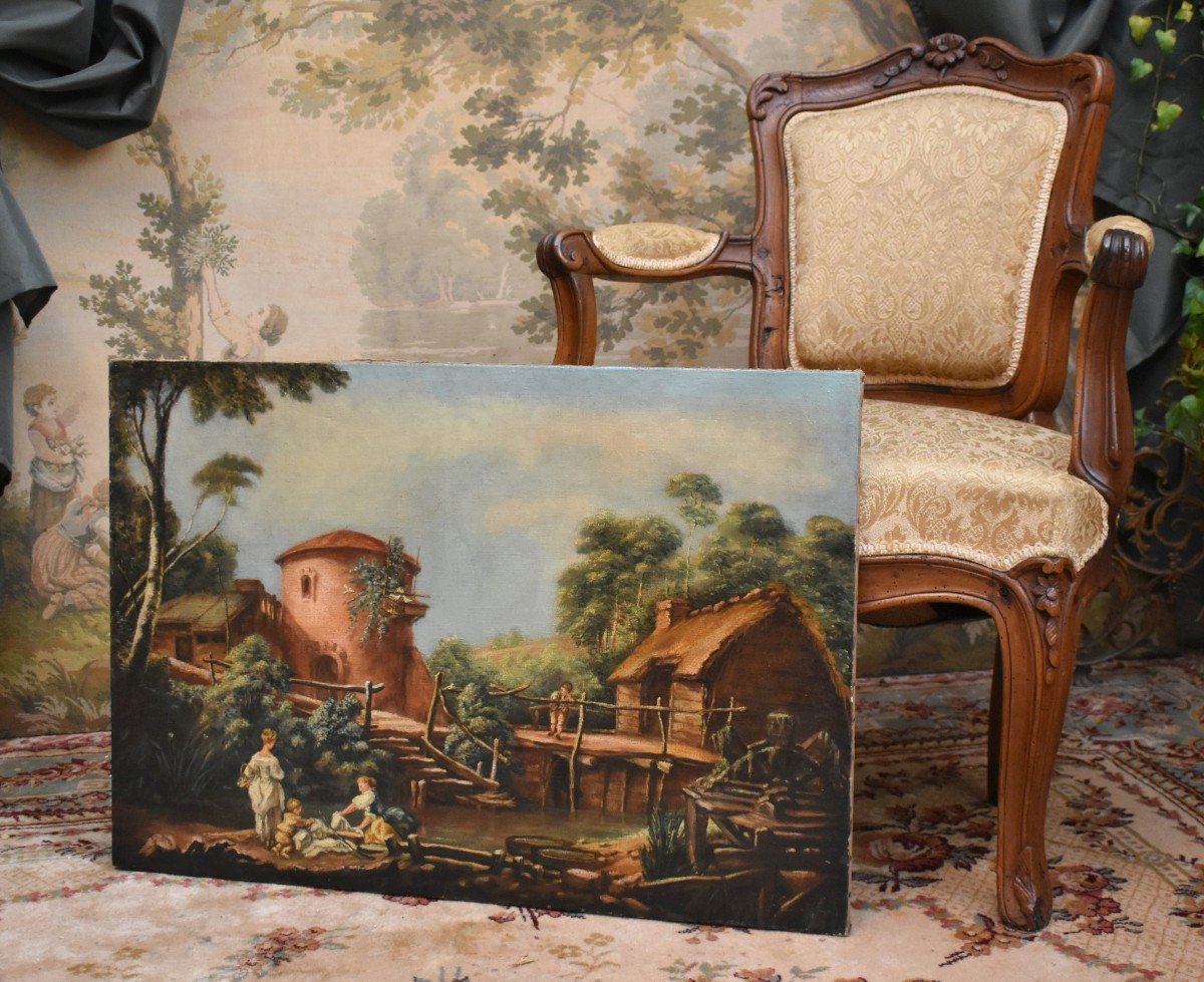 Paysage Campagne Animé, Ecole Française Du XIXe Dans Le Goût Du XVIII Siècle, Tableau Champêtre-photo-3