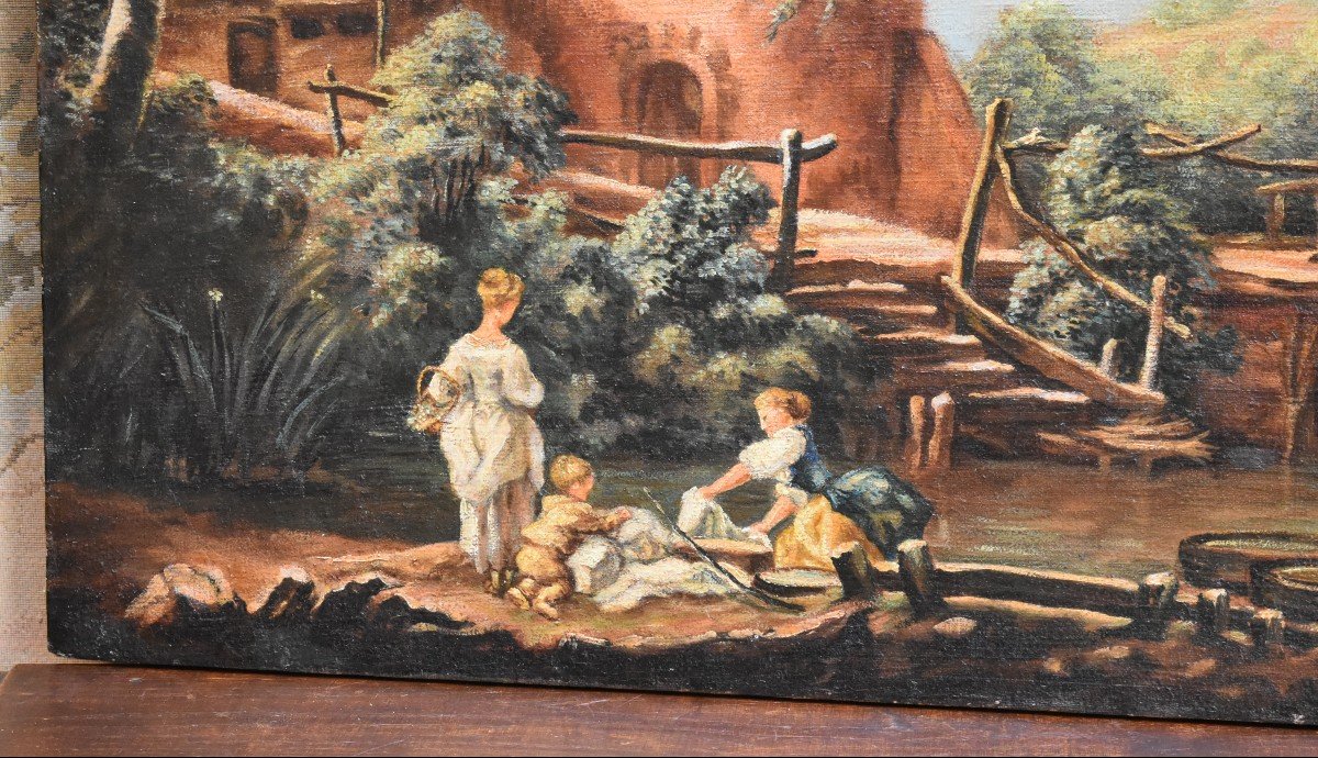 Paysage Campagne Animé, Ecole Française Du XIXe Dans Le Goût Du XVIII Siècle, Tableau Champêtre-photo-2