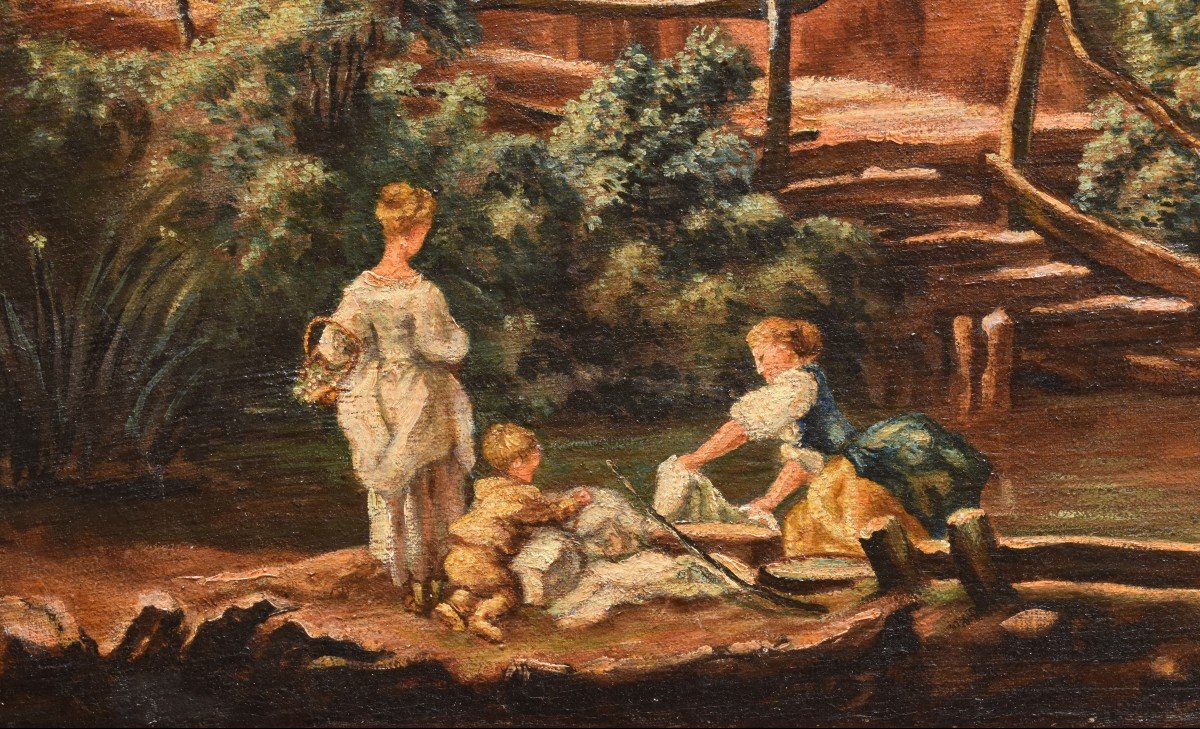 Paysage Campagne Animé, Ecole Française Du XIXe Dans Le Goût Du XVIII Siècle, Tableau Champêtre-photo-3