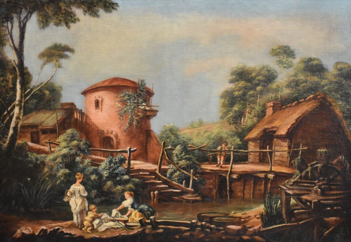 Paysage Campagne Animé, Ecole Française Du XIXe Dans Le Goût Du XVIII Siècle, Tableau Champêtre