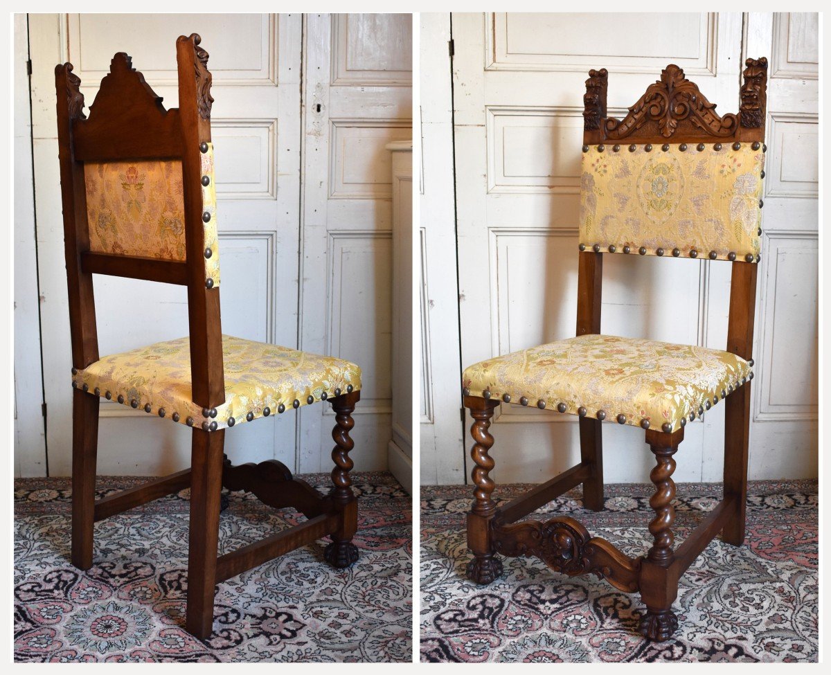 Paire De Chaises De Style Néo Renaissance -  Néo Louis XIII En Noyer Massif,  Guerrier  Antique-photo-1