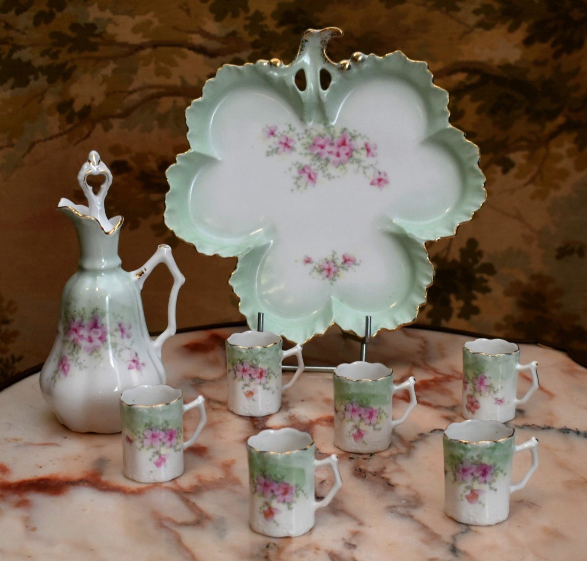 Porcelain Liqueur Service With Floral Decor, Including 6 Glasses, 1 Carafe And 1 Tray-photo-2