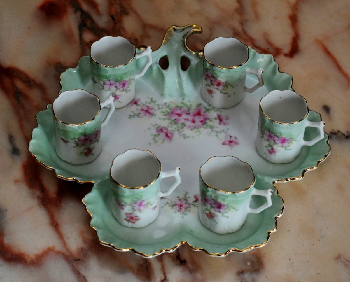 Porcelain Liqueur Service With Floral Decor, Including 6 Glasses, 1 Carafe And 1 Tray-photo-1