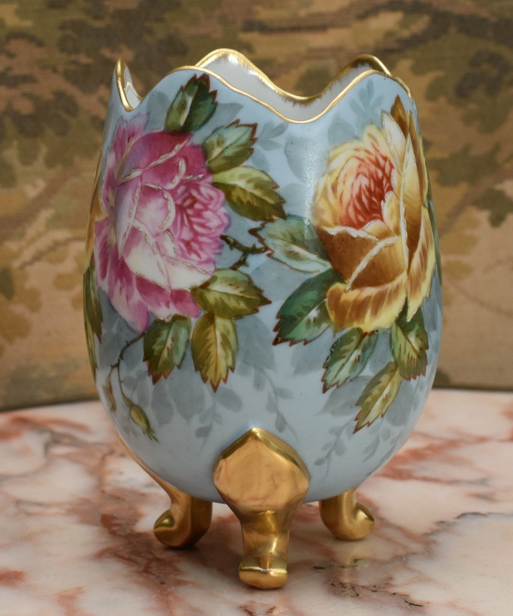 L. Buisson In Limoges. Eggshell Vase In Limoges Porcelain Decorated With Roses, Hand Painted