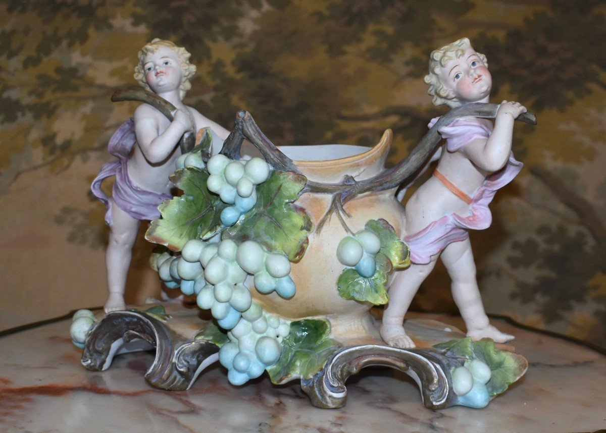 Centerpiece, Polychrome Biscuit Subject, Planter Cup Bunches Of Grapes, 2 Children-photo-2