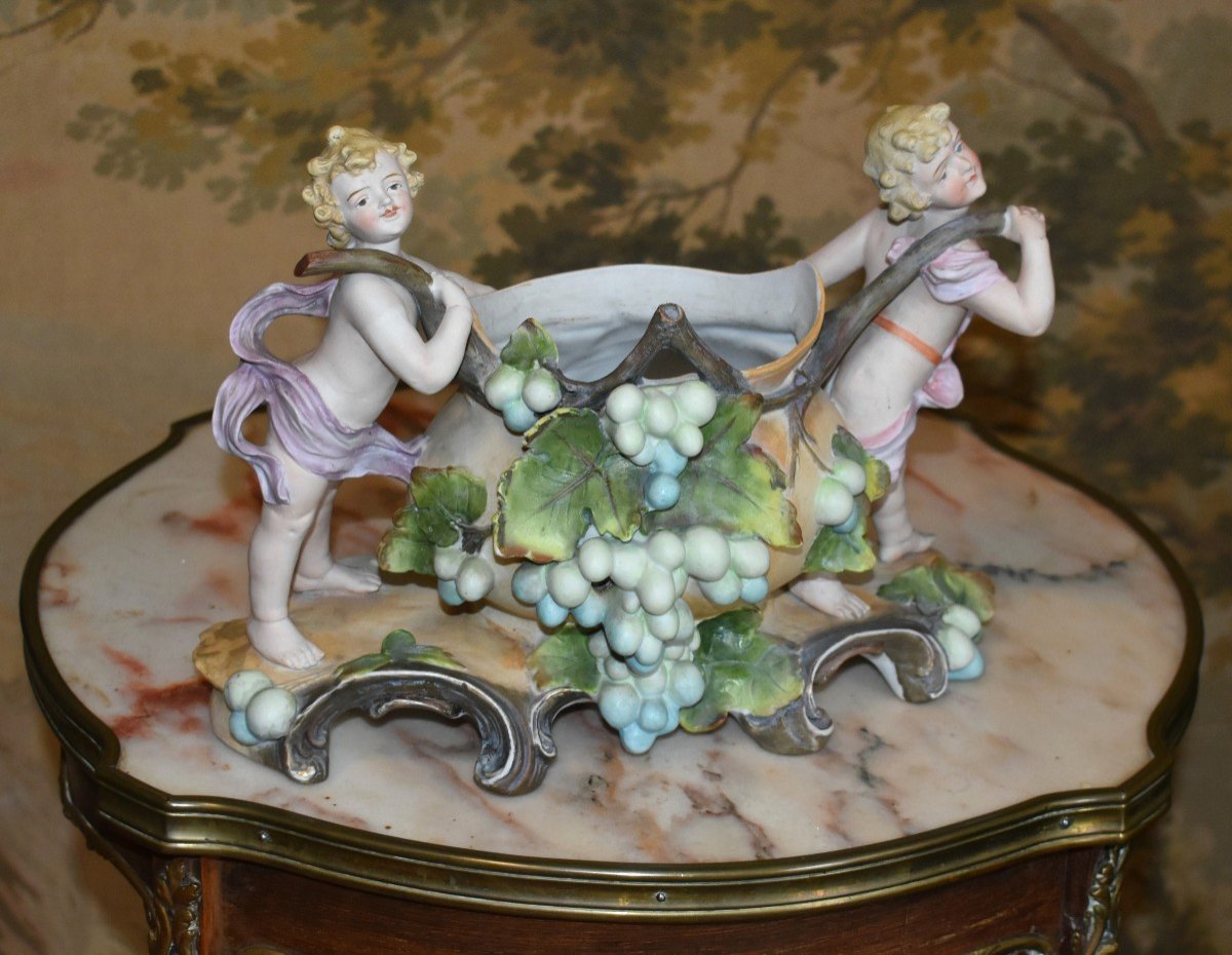 Centerpiece, Polychrome Biscuit Subject, Planter Cup Bunches Of Grapes, 2 Children-photo-4