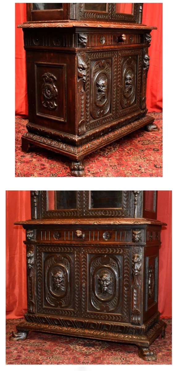 Buffet Two Glazed Body Renaissance Style, Library, High Showcase, Mascarons, Caryatids-photo-2