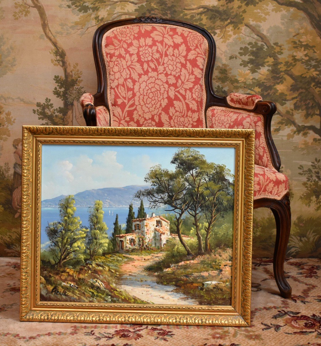 Mediterranean Landscape Painting, Seaside, Oil On Canvas Framed-photo-3