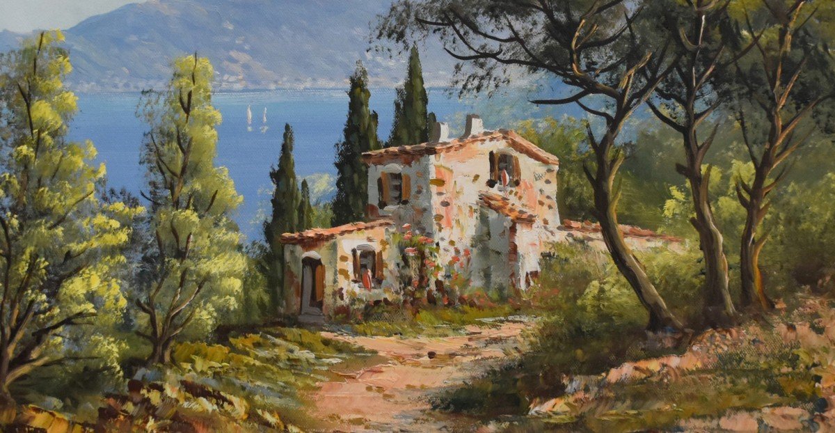 Mediterranean Landscape Painting, Seaside, Oil On Canvas Framed-photo-4