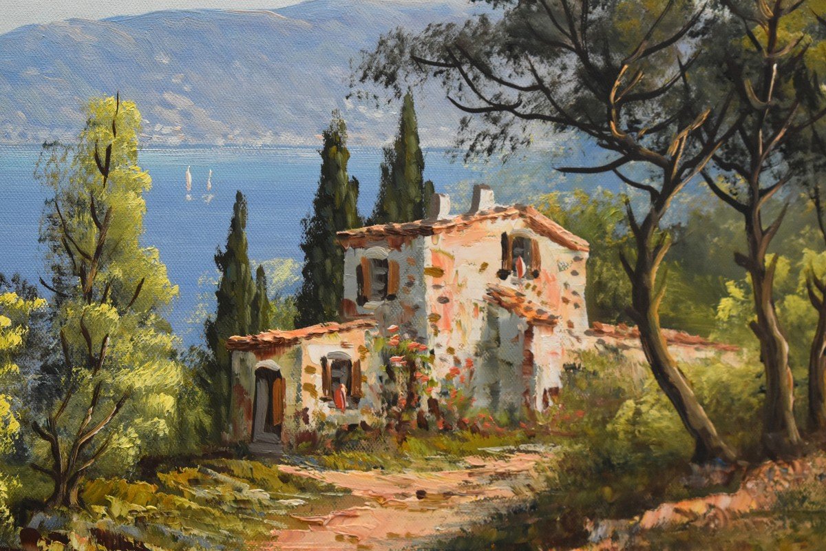 Mediterranean Landscape Painting, Seaside, Oil On Canvas Framed-photo-1