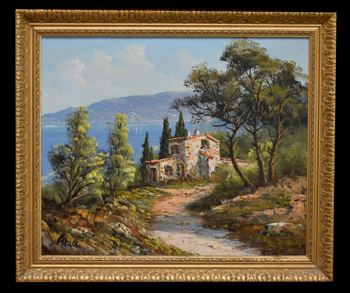 Mediterranean Landscape Painting, Seaside, Oil On Canvas Framed