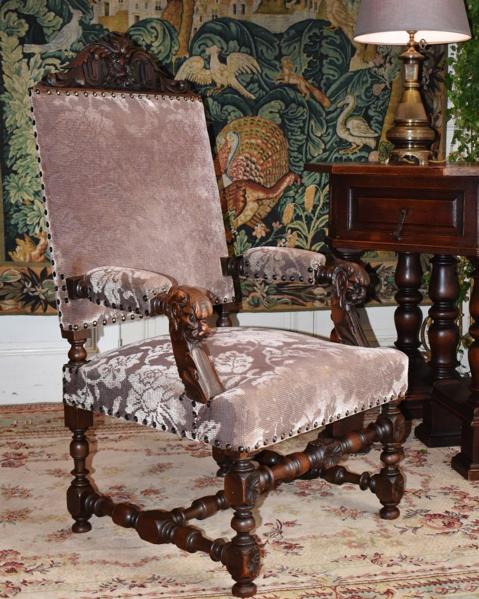 Pair Of Renaissance Style Ceremonial Armchairs, 19th Century Seats In Solid Walnut, Velvet Fabric-photo-5