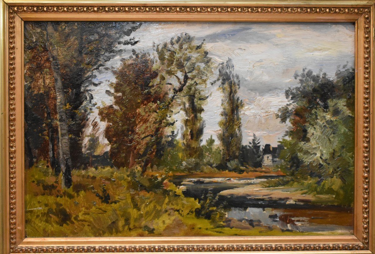 Country Landscape, Painting With River, Undergrowth And Mill, Worked Golden Stucco Frame-photo-3