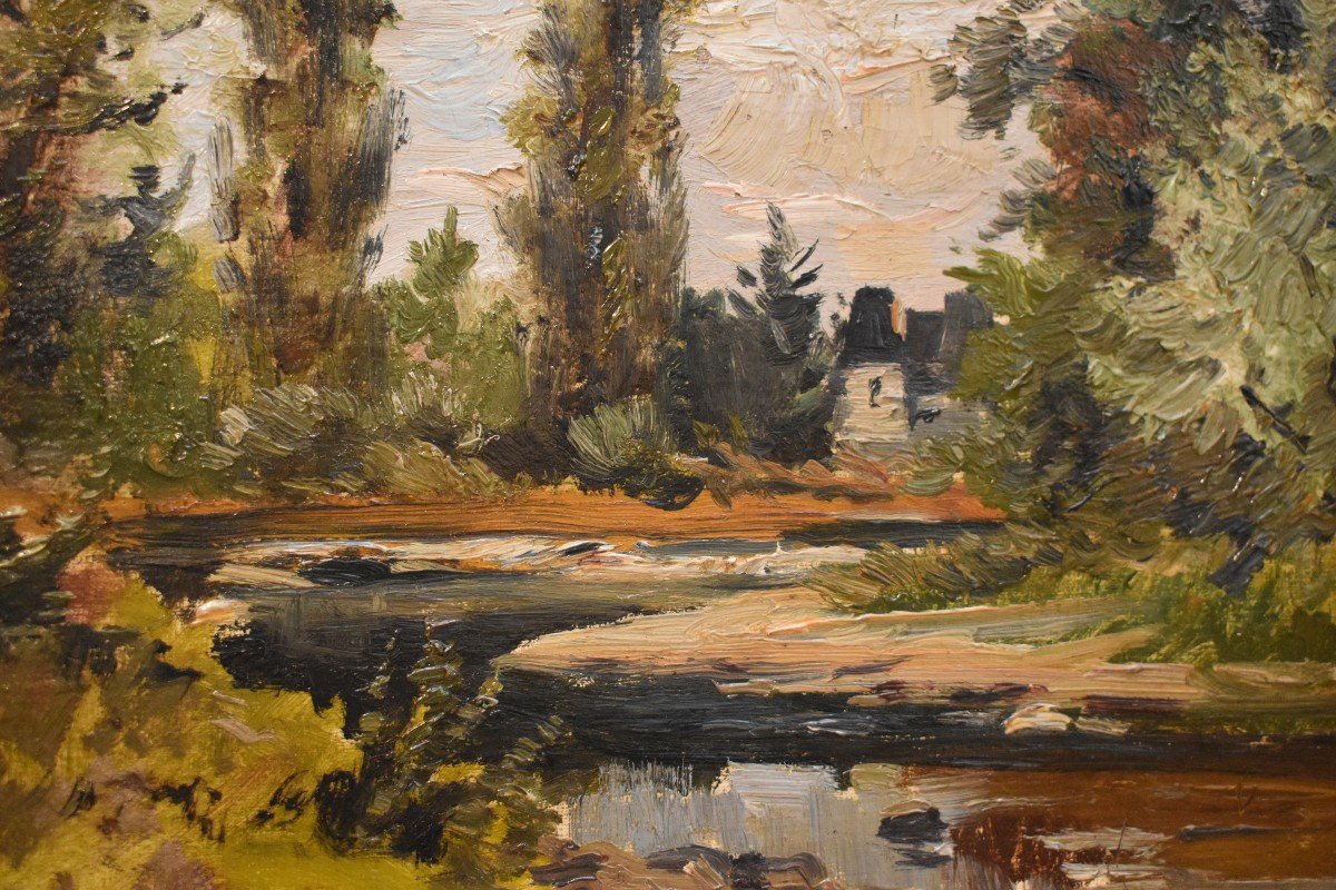 Country Landscape, Painting With River, Undergrowth And Mill, Worked Golden Stucco Frame-photo-4