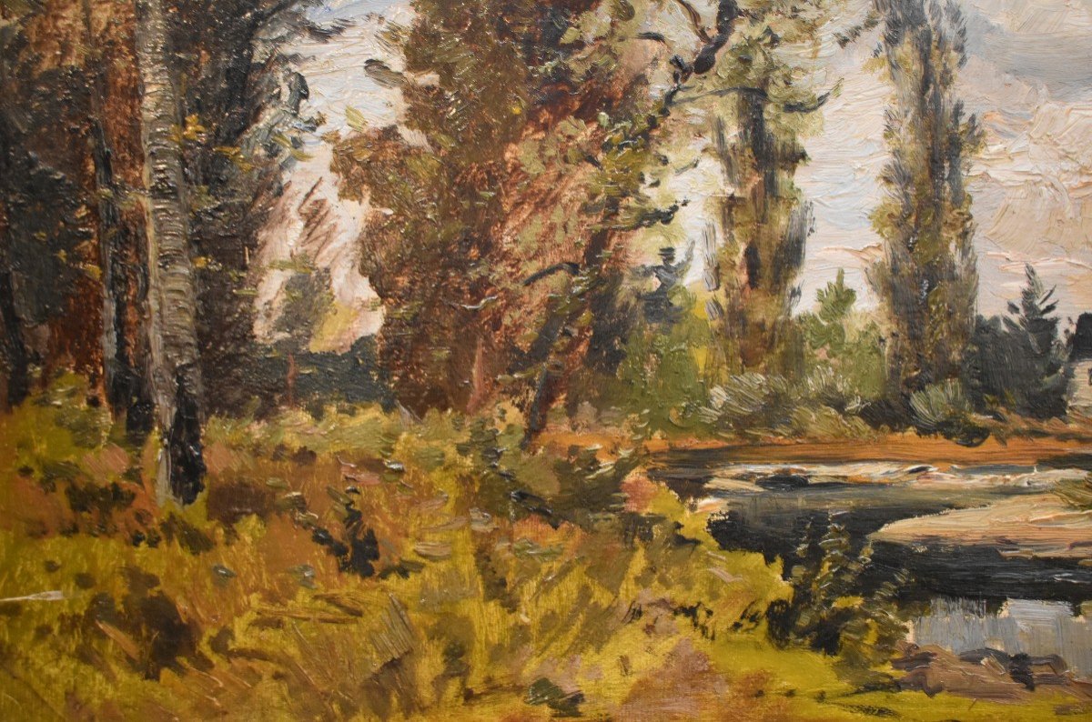 Country Landscape, Painting With River, Undergrowth And Mill, Worked Golden Stucco Frame-photo-1