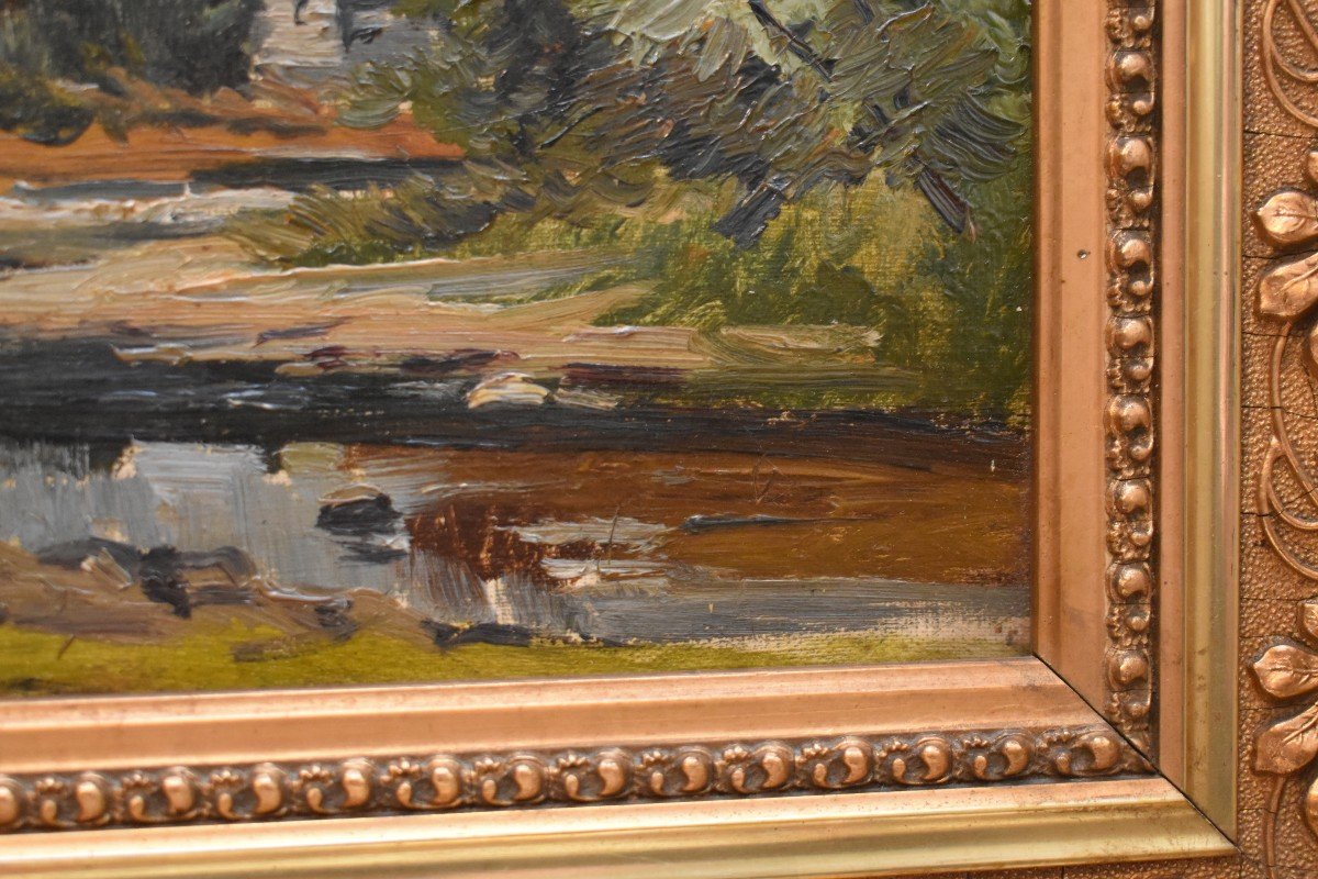 Country Landscape, Painting With River, Undergrowth And Mill, Worked Golden Stucco Frame-photo-3