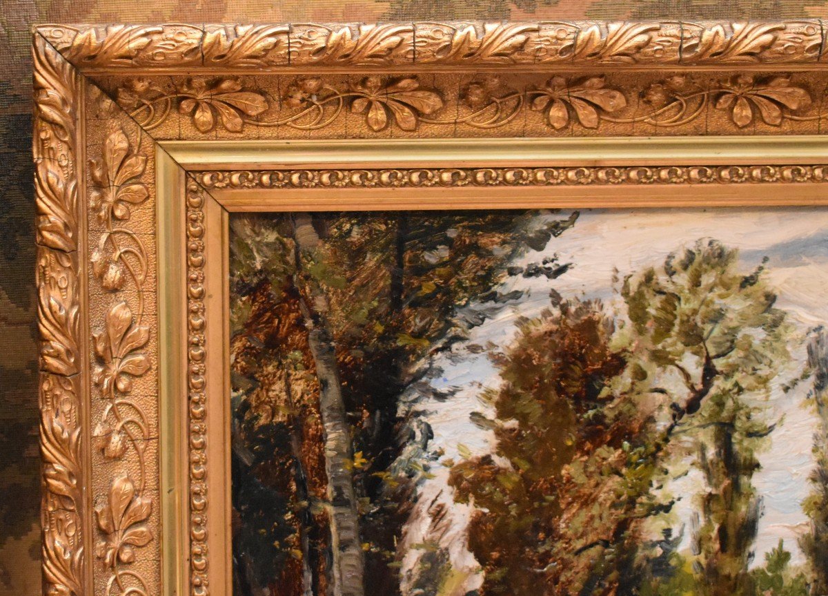 Country Landscape, Painting With River, Undergrowth And Mill, Worked Golden Stucco Frame-photo-4