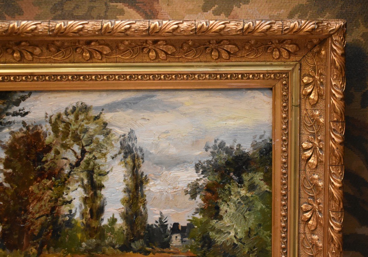 Country Landscape, Painting With River, Undergrowth And Mill, Worked Golden Stucco Frame-photo-5