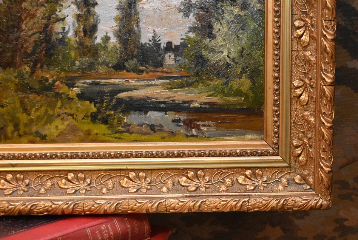 Country Landscape, Painting With River, Undergrowth And Mill, Worked Golden Stucco Frame-photo-6