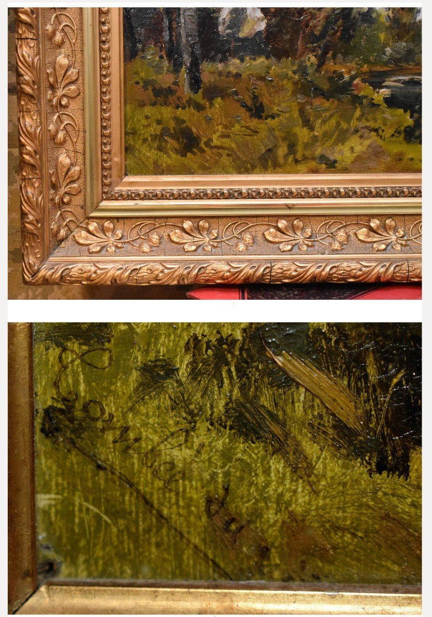 Country Landscape, Painting With River, Undergrowth And Mill, Worked Golden Stucco Frame-photo-8