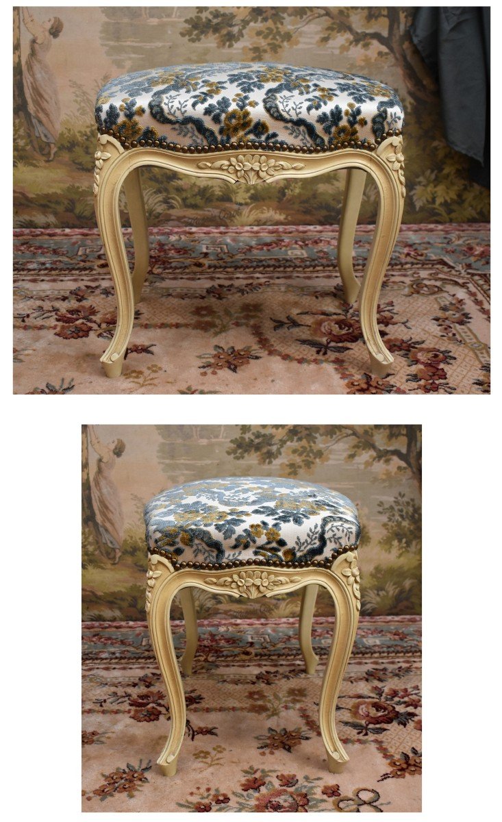 Tabouret De Style Louis XV En Bois Laqué Blanc Cassé,  Tissu Velours Gaufré, Bout De Pied Peint-photo-2