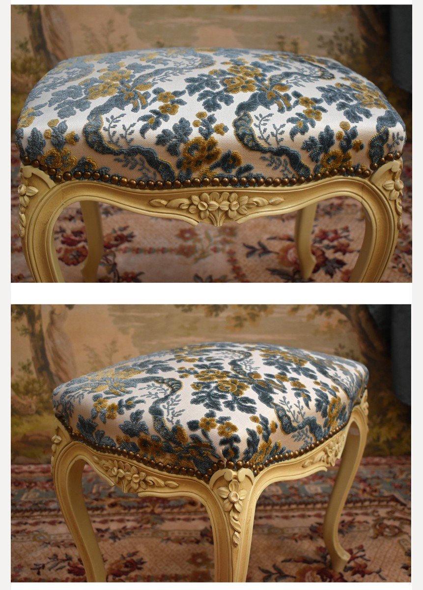 Tabouret De Style Louis XV En Bois Laqué Blanc Cassé,  Tissu Velours Gaufré, Bout De Pied Peint-photo-6