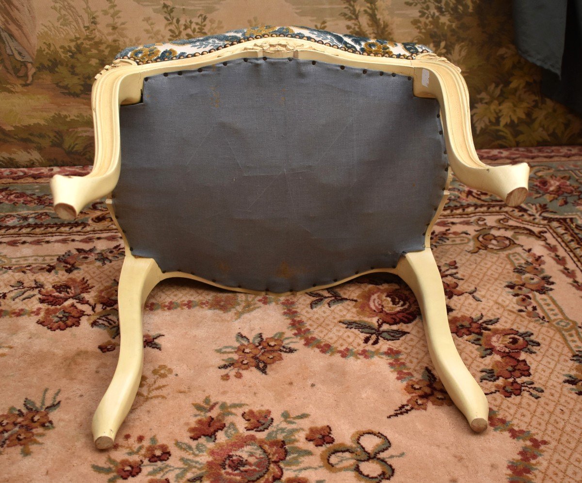 Tabouret De Style Louis XV En Bois Laqué Blanc Cassé,  Tissu Velours Gaufré, Bout De Pied Peint-photo-8