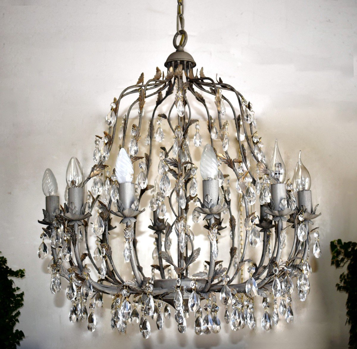 Important Cage Chandelier With Tassels In The Style Of Maison Bagués, 12 Light Arms, Grey -photo-2