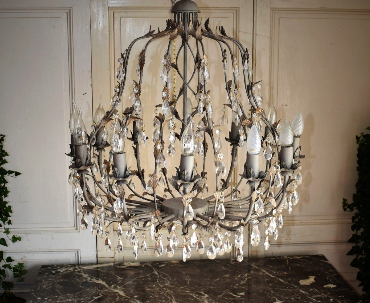 Important Cage Chandelier With Tassels In The Style Of Maison Bagués, 12 Light Arms, Grey -photo-1