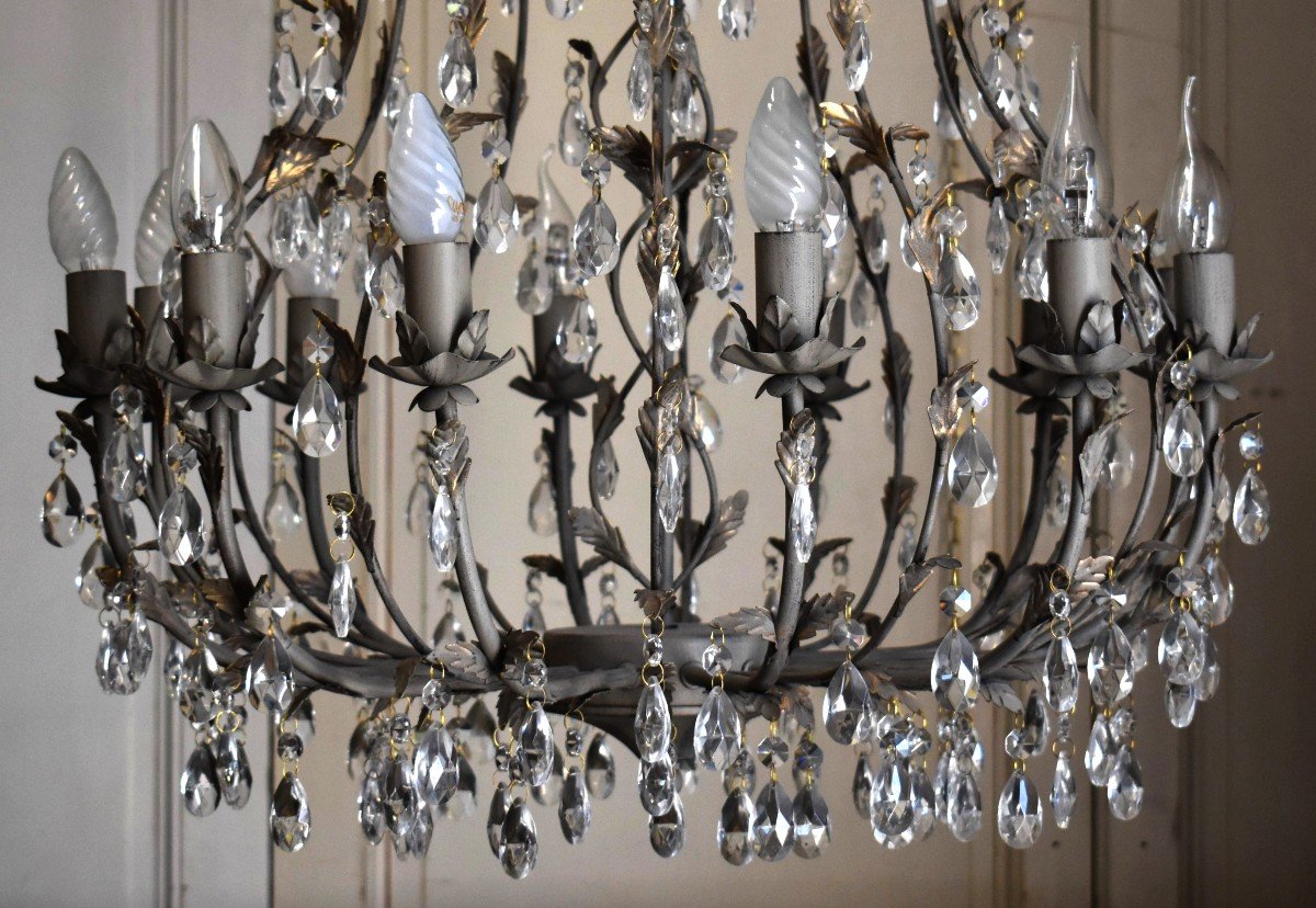 Important Cage Chandelier With Tassels In The Style Of Maison Bagués, 12 Light Arms, Grey -photo-4