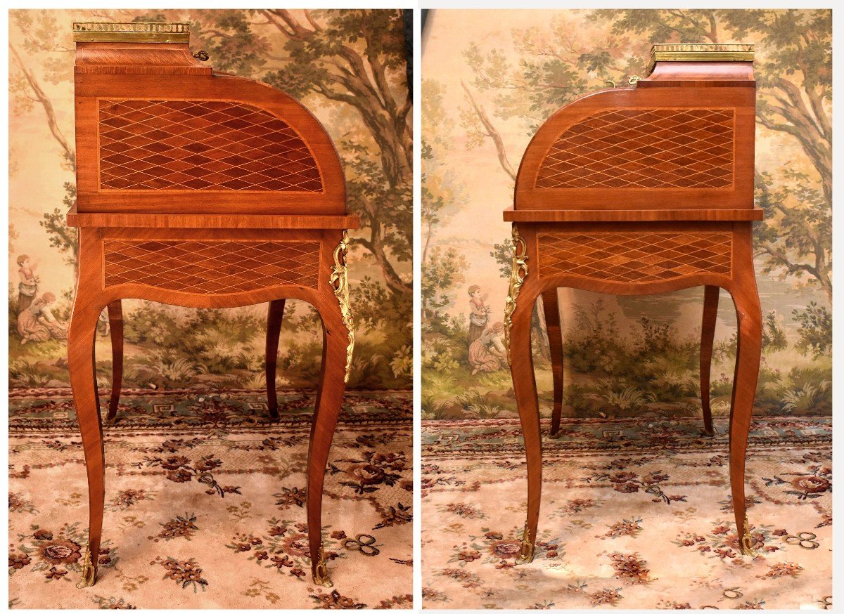 Louis XV Style Cylinder Desk In Diamond Marquetry, Marble Top And Brass Gallery-photo-1