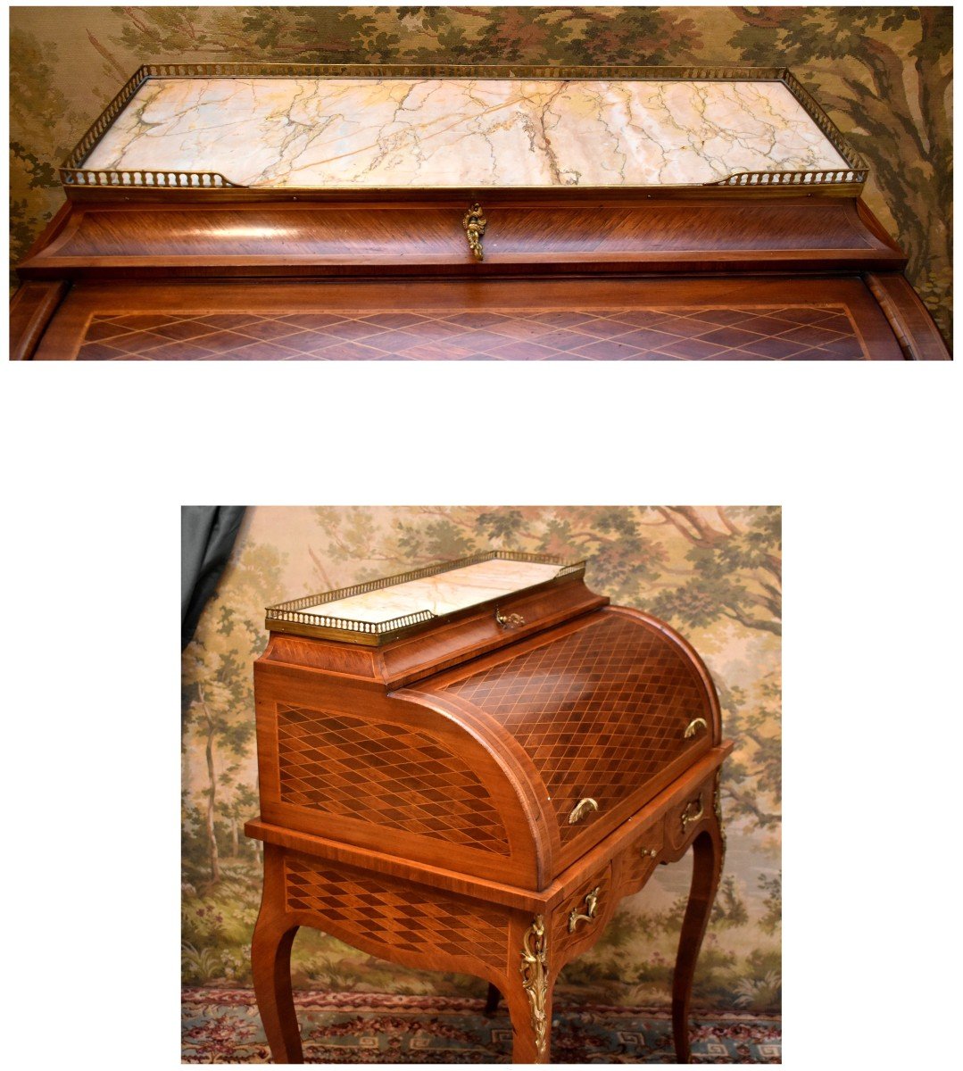 Louis XV Style Cylinder Desk In Diamond Marquetry, Marble Top And Brass Gallery-photo-2