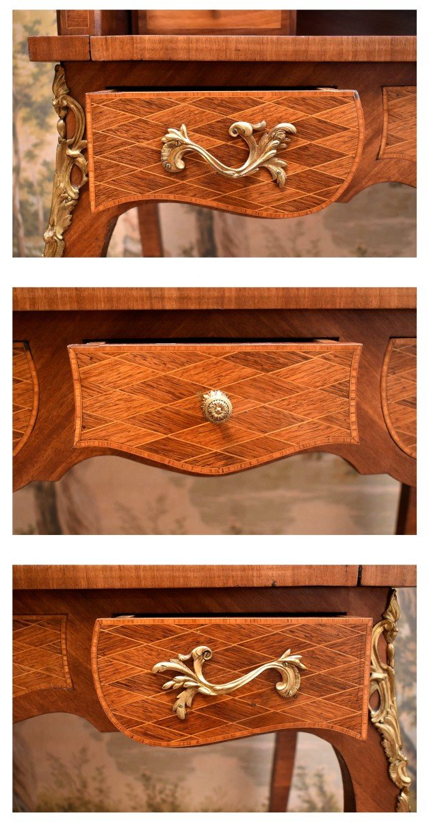 Louis XV Style Cylinder Desk In Diamond Marquetry, Marble Top And Brass Gallery-photo-5